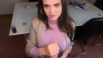 Mature Woman Gives Her Step-Son A Handjob And Shows Her Nipples In The Office