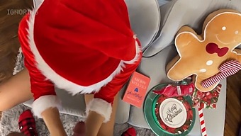 A European Woman Gives A Sensual Handjob, Wearing A Mini Skirt And Santa Costume, Followed By Testicular Play